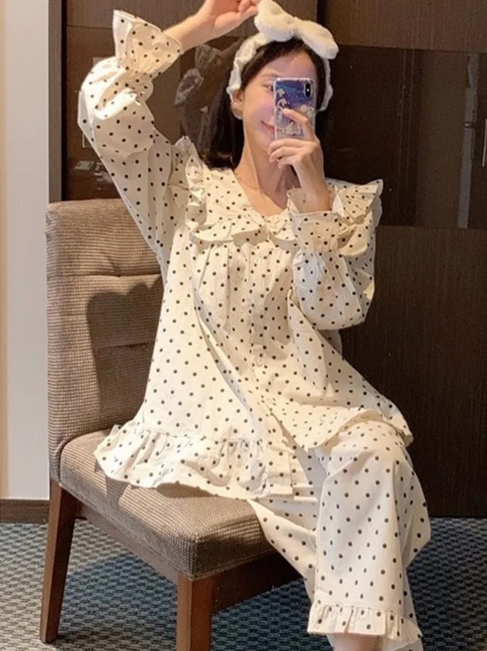 Cream Polka Dot Ruffle-Trim Pajama Set